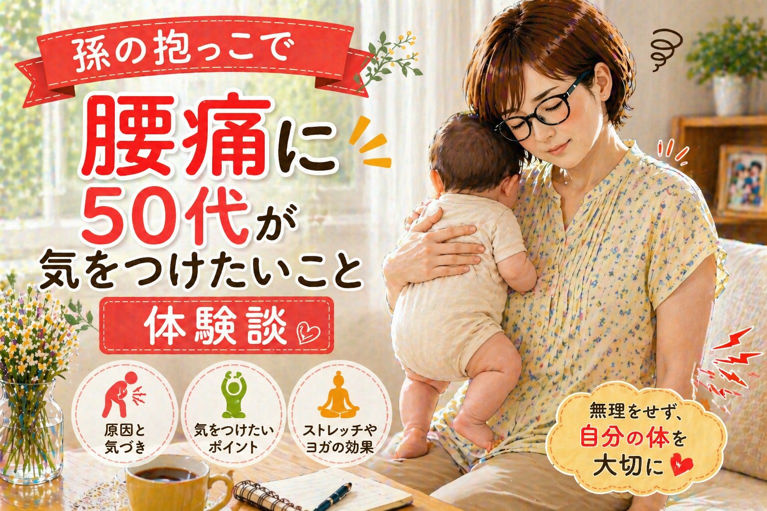 孫を抱っこして５０代の主婦が腰痛になったシーン